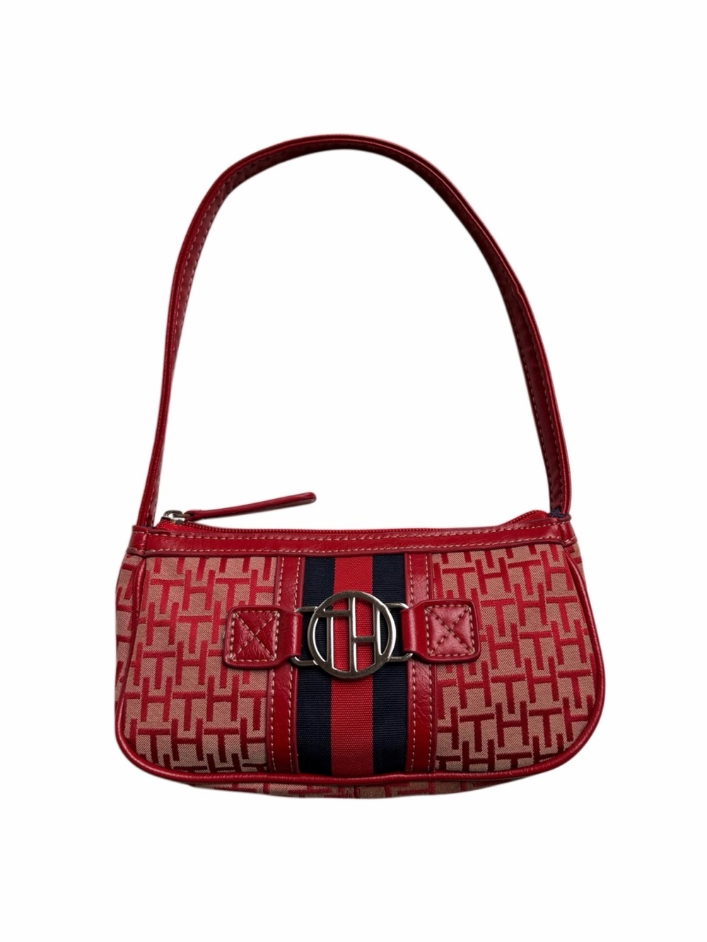 Tommy Hilfiger Red Monogram Shoulder Bag with Navy Stripe